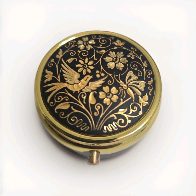 Vintage Toledo Spain Damascene gold bird decorative Round Pocket Pills Case