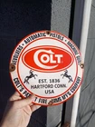 VINTAGE COLT PORCELAIN METAL SIGN ESTABLISHED 1836 HARTFORD CONN PISTOL SIGN 10"