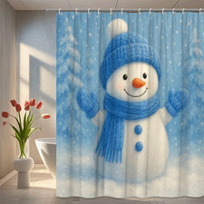 Winter Snowman Shower Curtain - Cute Blue Design for Holiday Decor