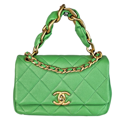 CHANEL Small Quilted Lambskin Chain Is More Flap Green Gold 2 Way