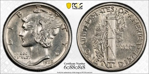 PCGS AU-58 1928-S FSB Mercury Dime. This may be the only known example AU-58FSB