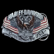 Vintage Harley Davidson Belt Buckle Born in the USA Eagle American Flag 1989 (