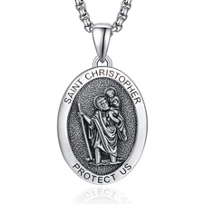 St Saint Christopher Medal for Men 925 Sterling Silver Oval Catholic Pendant ...