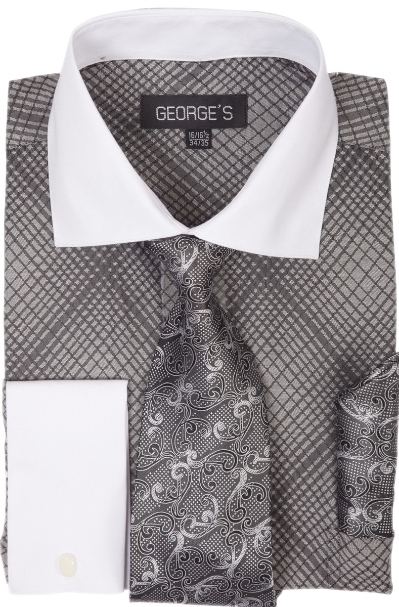 トップス FACE DESIGN TWO-TONE CHECKED SHIRT Men's Checks Shirt With Tie and Hanky, 60%Cotton 40%Poly Two