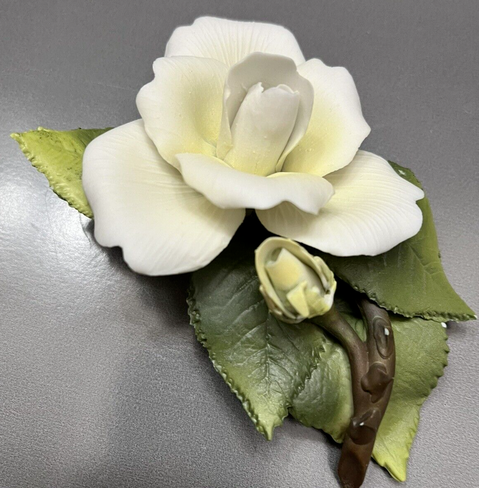 Enesco White Rose & Bud Green Leaves Thorns Porcelain Vintage Elegant