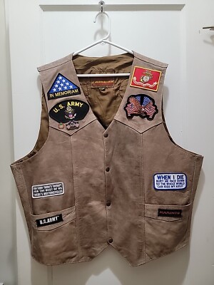 Hot Leathers Biker Leather Vest Men's 5X Brown Patches Pins Army Marines  USA