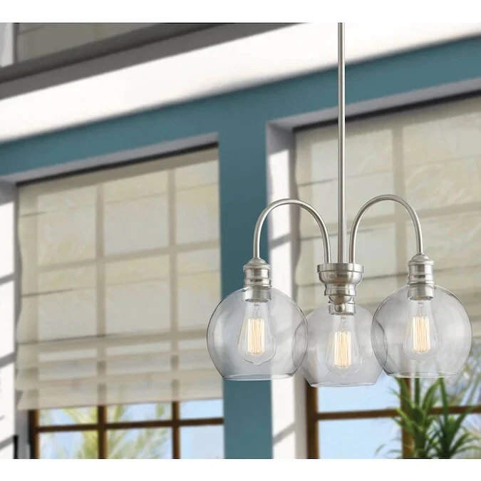 Lámpara de araña globo de vidrio transparente níquel cepillado de 3 luces Quoizel Soho LWS3235A Foto 2 de 3
