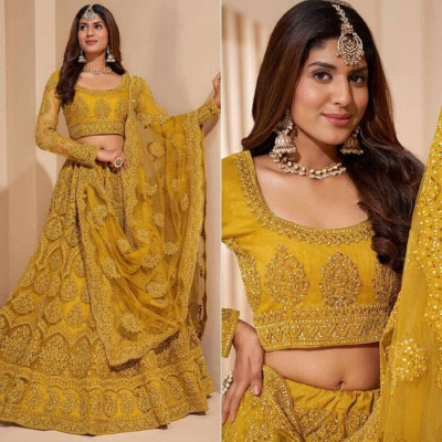 Gelb Lehenga Choli Bollywood Sari Designer Party Indien Hochzeit Lehenga Saree