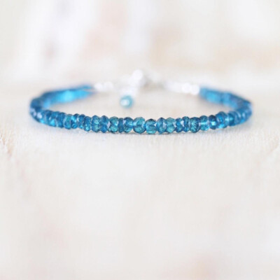 100% Natural London Blue Topaz 3-4mm Faceted Rondelle Gemstone Beaded Bracelet
