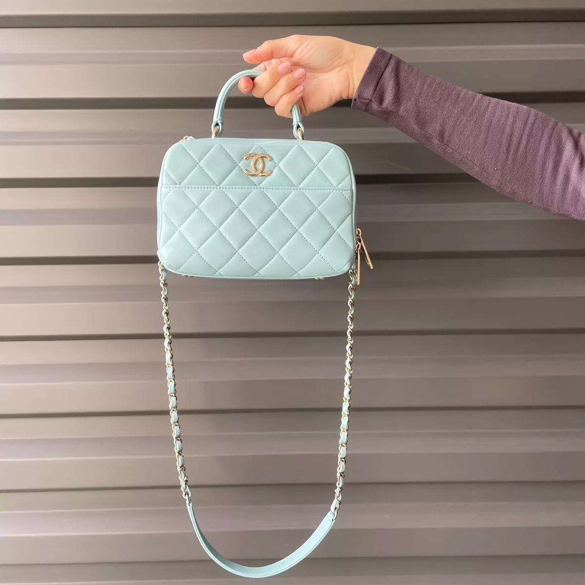 CHANEL 2019 Light Blue Lambskin Quilted Matelasse Small Trendy CC Bag