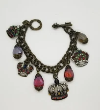 Vintage Sweet Romance Jeweled Crowns Crystal & Brass Charm Bracelet