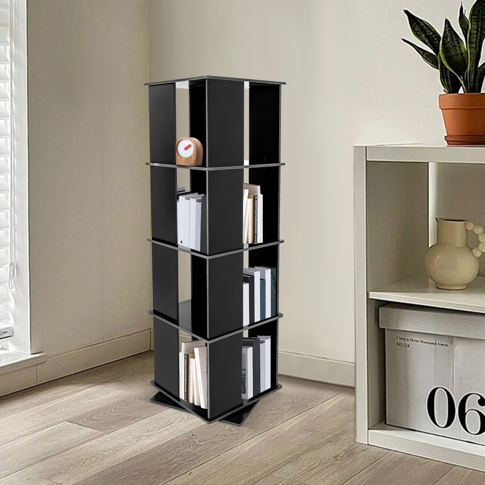 Black Bookcase Storage Shelf 360?? Rotating Bookshelf Freestanding Display Rack