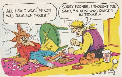 Vintage Postcard Two man fighting, Nixon was raising taxes, Comic humor