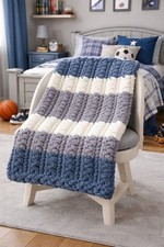 New Handmade Chunky Knit Chennile Blanket Blue, Grey & White