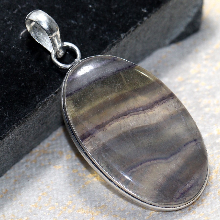 925 Silver Plated Rainbow Fluorite Ethnic Pendant 2.1 Inch Jewelry JW