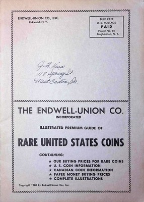 1960 Endwell Union Co Numismatic Premium Guide Rare US Coins Catalog Kirkwood