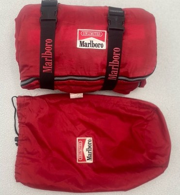 Vtg 90s Red Marlboro Unlimited Zip-Up Camp Sleeping Bag w Plaid Flannel