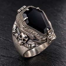 BLACK ONYX SKULL COFFIN POISON RING 925 STERLING SILVER GOTHIC SIZE 8