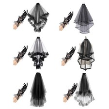 Alluring Black Lace Veil and Gloves Costume Headpieces for Themed Parties