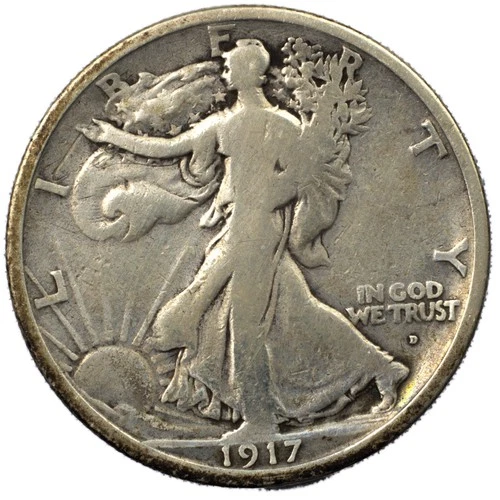 1917-D Obverse Walking Liberty Silver Half Dollar 50c Very Good VG+ Cleaned Dets