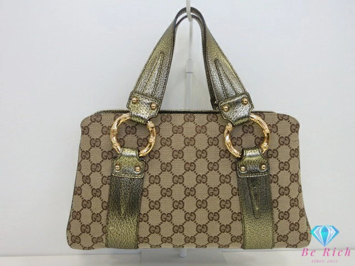 Gucci Handbag 131324 Gg Beige Brown Khaki Canvas Leather Logo Shoulder Bag Tote