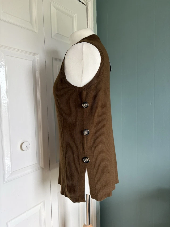 Principles Knit Tank Top Side Button Detail Size 8 Khaki Ribbed Sleeveless Layer - Image 3 of 4