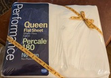 NEW WHITE Queen Flat sheet Percale 180 thread count Cotton/polyester Made In USA