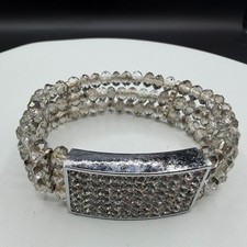 Bracelet Clear Crystal Beaded Silver Tone Stretch Rhinestone Statement Glam