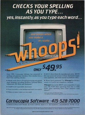 Cornucopia Software Whoops Real-Time Spelling Checker 1985 Print Ad