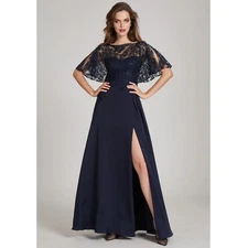 Teri Jon Emma Gown Navy Blue Sequin Lace Flutter Sleeves Side Slit Sz 2