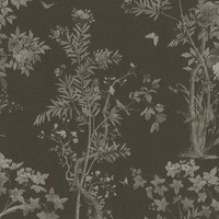 Dunkle Vliestapete Mir Zarten BläTtern, BlüTen Und Vogelmotiven – Schwarz, Grau