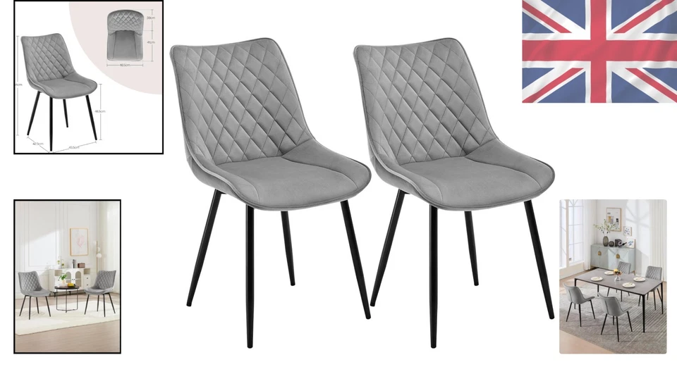 Velvet Dining Chairs Set of 2 Light Grey Armless Upholstered Kitchen Lounge - Image 2 of 4