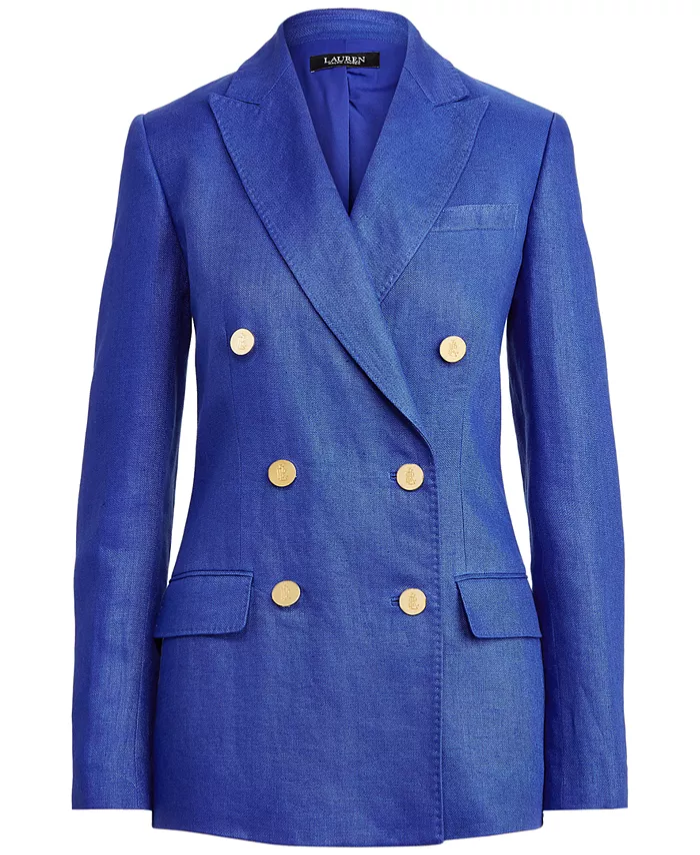 LAUREN RALPH LAUREN Blue Linen Double Breasted Gold Buttons