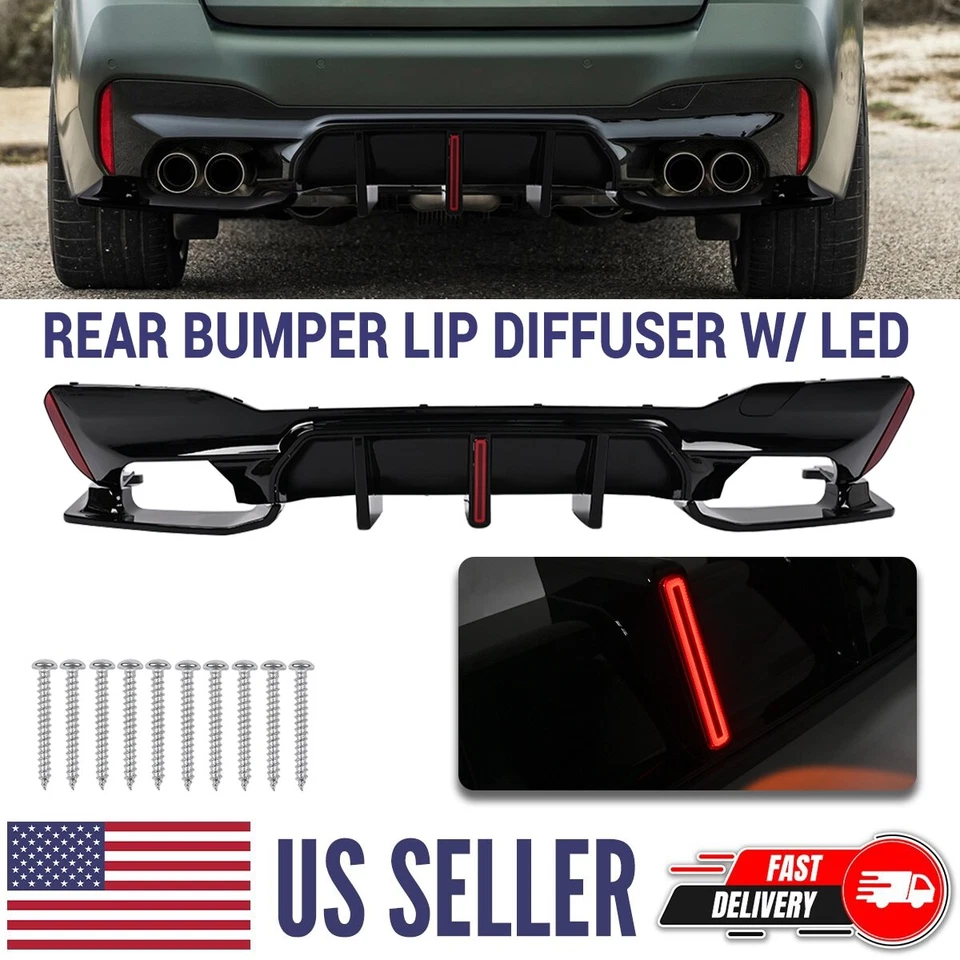 For BMW G30 530i 540i Sedan 2017-23 Rear Bumper Diffuser w/LED Light Gloss Black Foto 3 de 4
