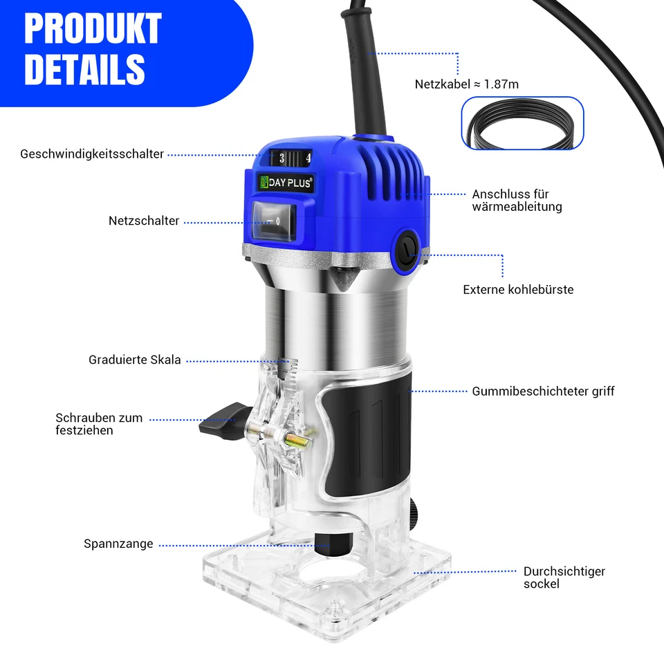 2600W Mini Elektrische Holz Oberfräse Oberfräse Kantenfräse 30,000RPM 6 Gänge DE - Bild 3 von 4