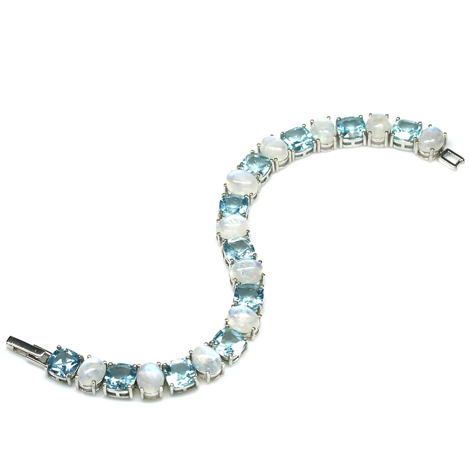 8 X 8 Mm. Himmelblauer Topas & Weißer Mondstein Armband 7,5" 925 Sterlingsilber - Bild 3 von 4