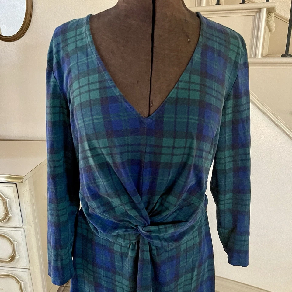 Vestido Lands’ End Medio Verde Azul Tartán Cuadros Lado Torcido Mangas 3/4 Elastizado Foto 4 de 4