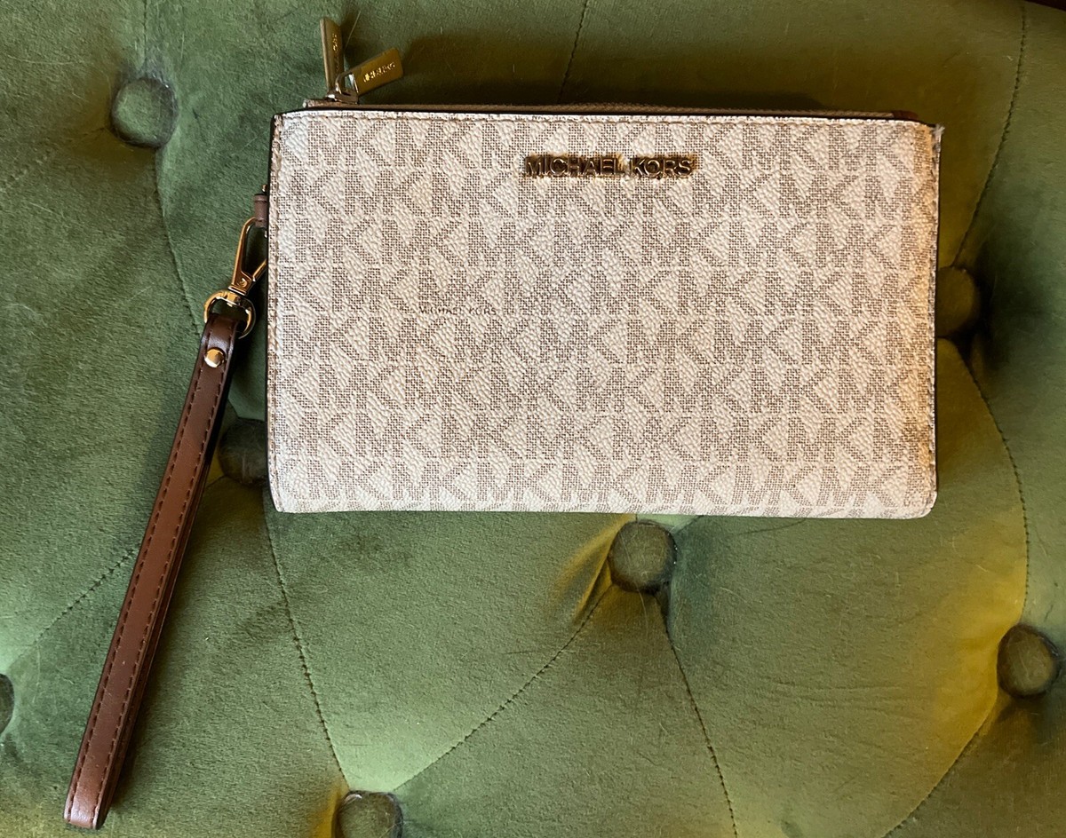 Michael Kors Jet Set Double Zip Acorn & Gold Wristlet Wallet
