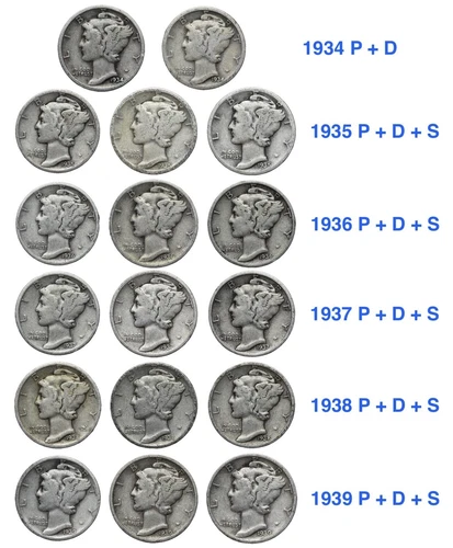 (17 COIN SHORT SET) 1934 - 1939 PDS Mercury Silver Dimes GOOD / VG