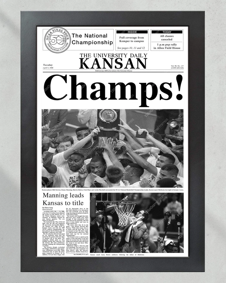 Kansas Jayhawks 1988 NCAA College Baloncesto Campeones Nacionales Enmarcado Frontal Pag Foto 2 de 4