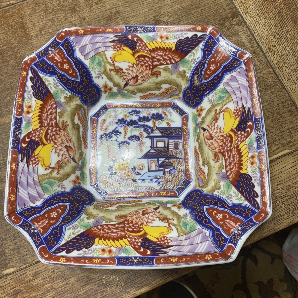 青色の花と鳥の装飾 陶器の鉢 Hand Painted Ornate Bowl Hand Painted