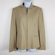 Jones New York Beige Blazer Sz 8 Zip Up Collarless Tailored Minimalist Stretch