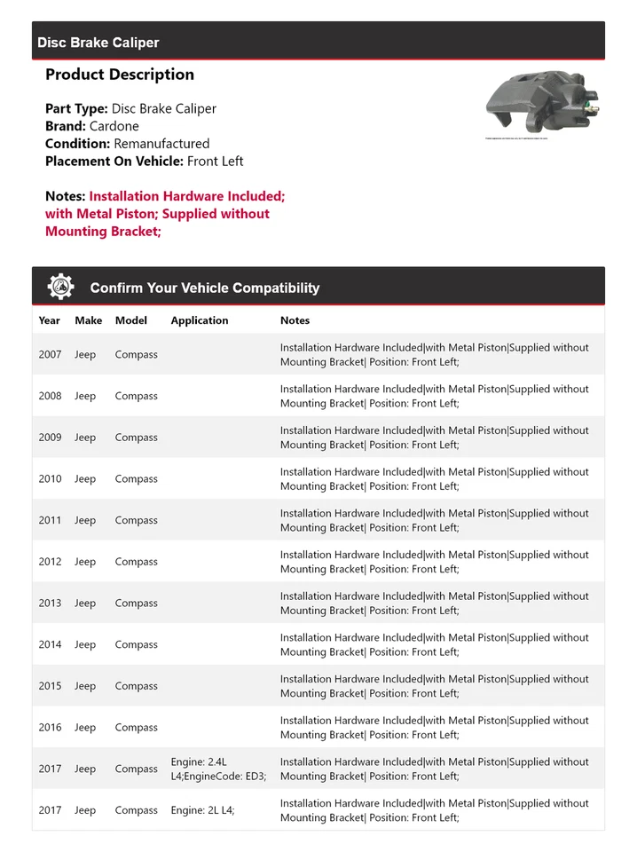 Суппорт переднего левого дискового тормоза Jeep Compass 2007-2017 годов выпуска Cardone 2008 2009 2010 годов выпуска - Изображение 2 из 4