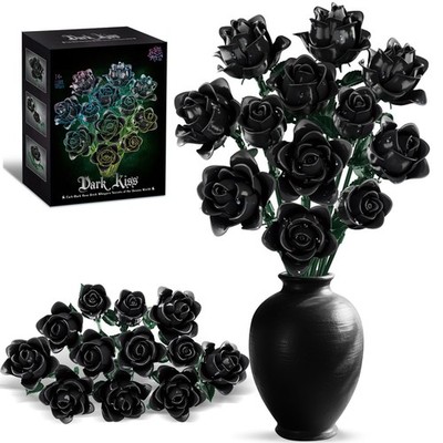 Black Roses Bouquet Building Set, 12 Artificial Flowers Botanical Collection ...