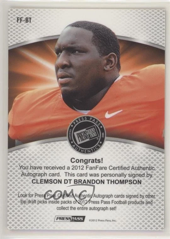 2012 Press Pass Fanfare Gold Brandon Thompson #BT Rookie Auto RC - Image 2 of 2