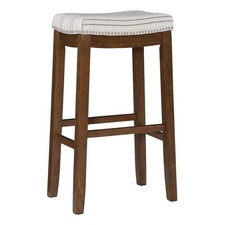 Linon Claridge Bar Stool Natural Striped Padded Seat Wood Frame in Brown Finish