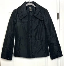 Y2K Eivissa Black Puffer Coat Sz S Paisley Beaded Detail Zip & Snap Zip Pockets