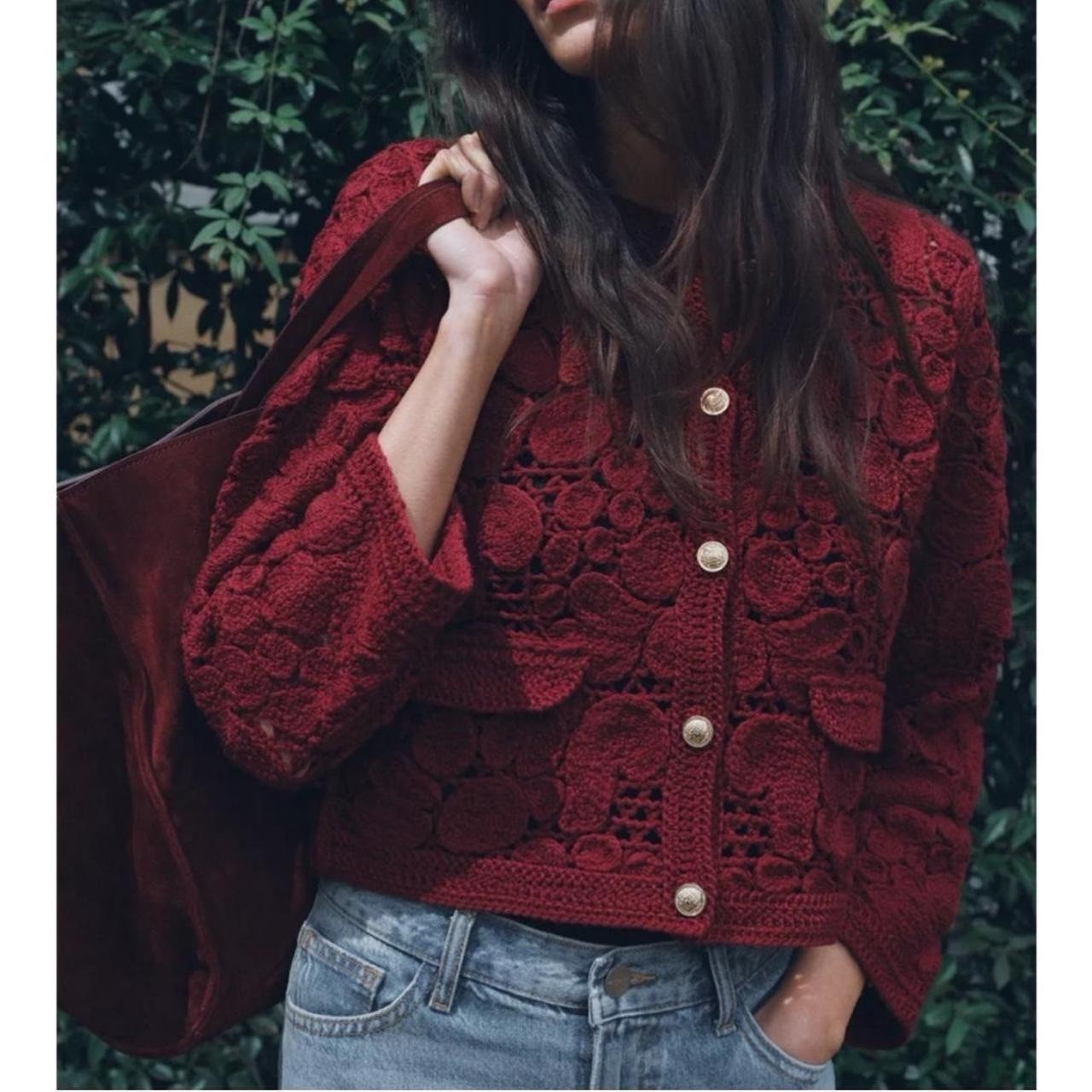 ZARA NWT $99 WOMAN SS25 KNIT MACRAME CARDIGAN BURGUNDY | 1957/001 thumbnail 3
