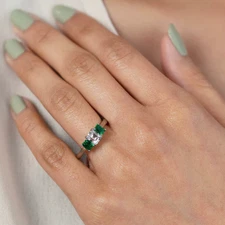 Three Stone Emerald Cut Moissanite Emerald Ring Platinum Plated Engagement Jewel