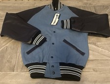 Varsity Letterman Wool Jacket And Genuine Leather Sleeves. Sky Blue Small NWT.